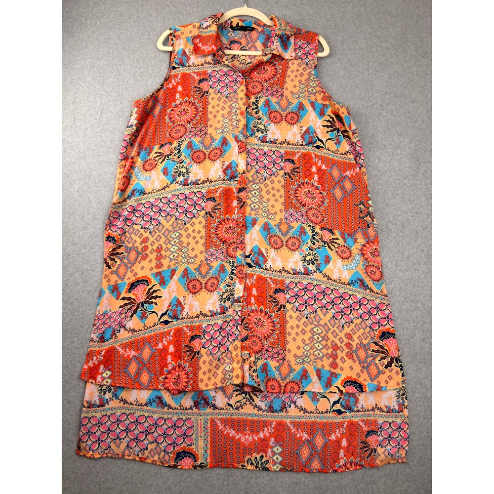 Zac & Rachel Woman 1X Patchwork Print Sleeveless High Low Button Down Tunic Top